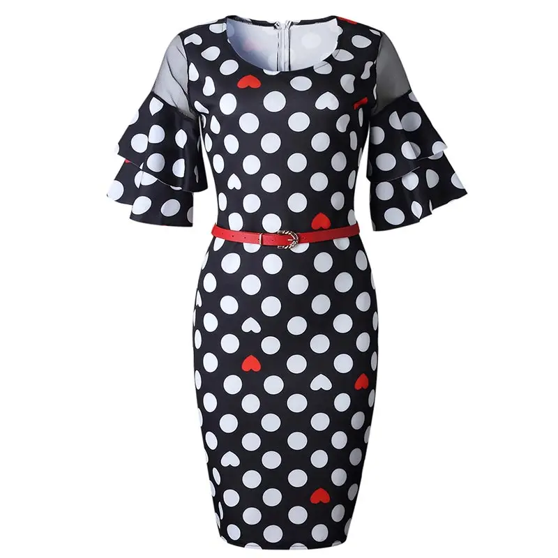 

L36287 New Fashion Spliced Bell Sleeve Polka Dots Midi Office Dress, N/a