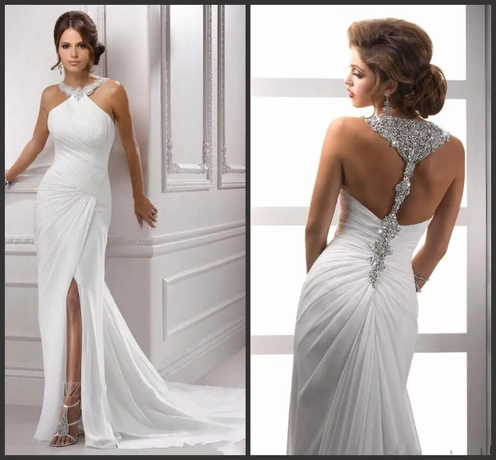 

ZH1055X 2019 Mermaid White Chiffon Evening Dresses Sexy Split Backless Gowns Sweep Crystal Beaded Bridal Dress