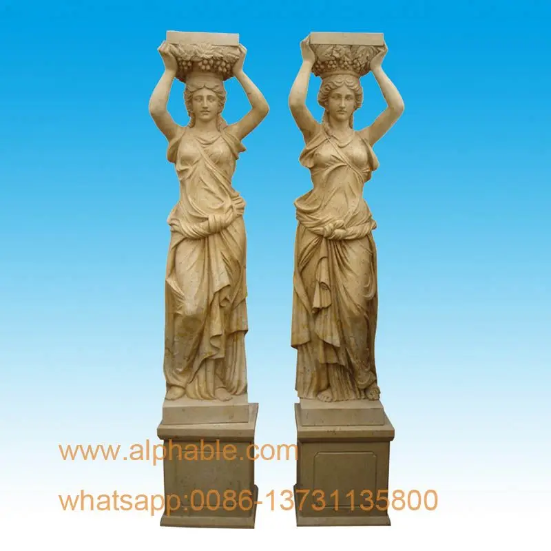
Popular Roman Pillar Design Yellow Travertine Stone Column With Lady Statue 