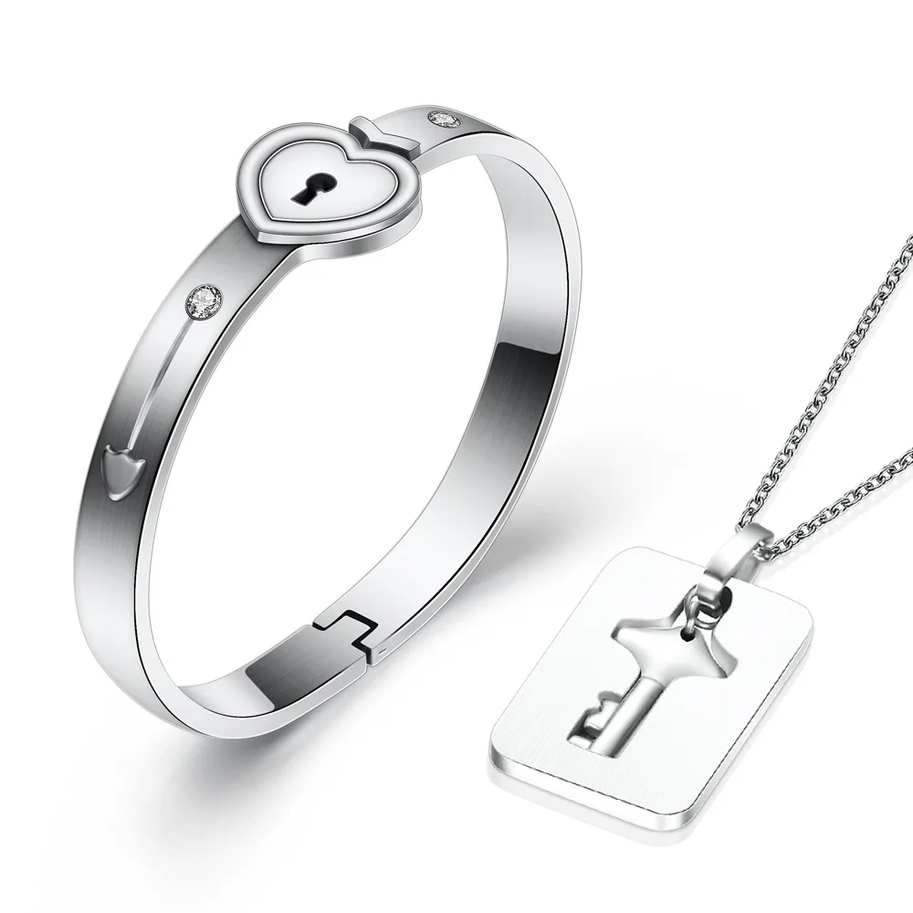 

2019 New Unique design stainless steel couple jewelry set Heart Lock bangle Key necklace, Silver