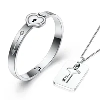 

2019 New Unique design stainless steel couple jewelry set Heart Lock bangle Key necklace