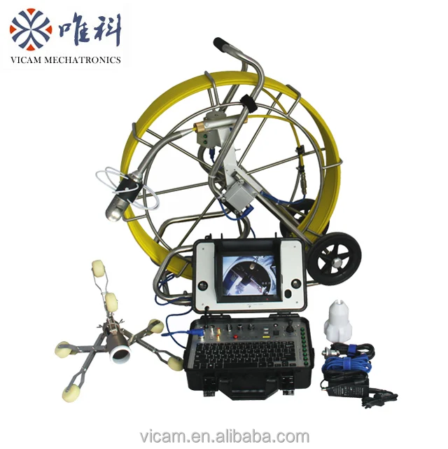 

100m cable pan tilt rotation drain inspection camera with stainless steel roller skid and 512hz transmitter