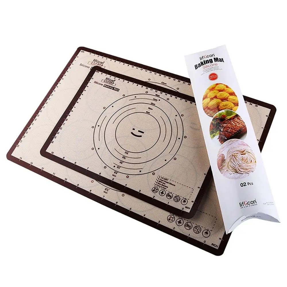 

Liflicon Non-slip and heat resistant Silicone Baking bakeware Mat Set of 2 Dough Rolling Mat with Measurements, Milky white base with black & red prints