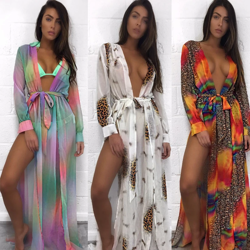 

A5047 Women Bikini Swimwear Mesh Beach Bathing Suit Belt Robe Cover Up Long Maxi Dress, Purple, orange,light blue