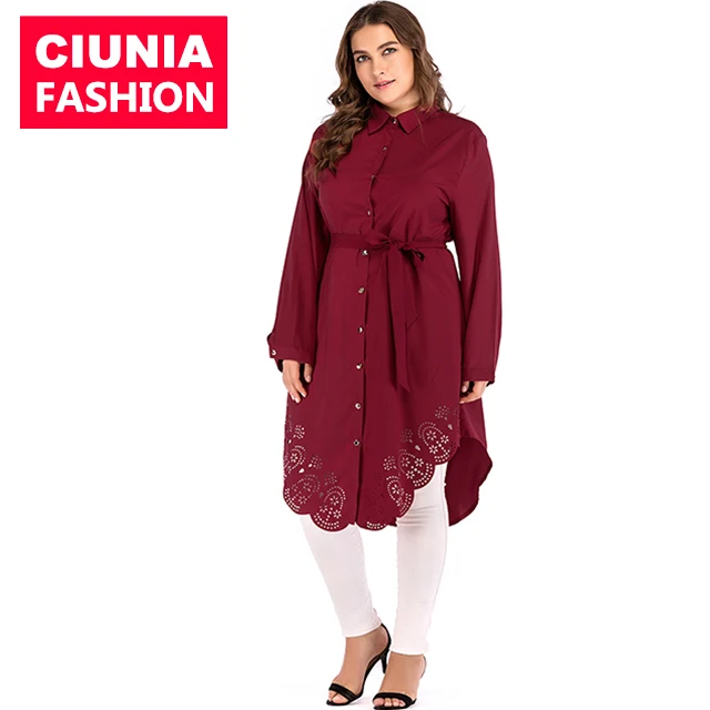 

2130# Muslim large size loose long-sleeve autumn winter button casual work office hollow out shirt blouse elegant dress tunics, As shown