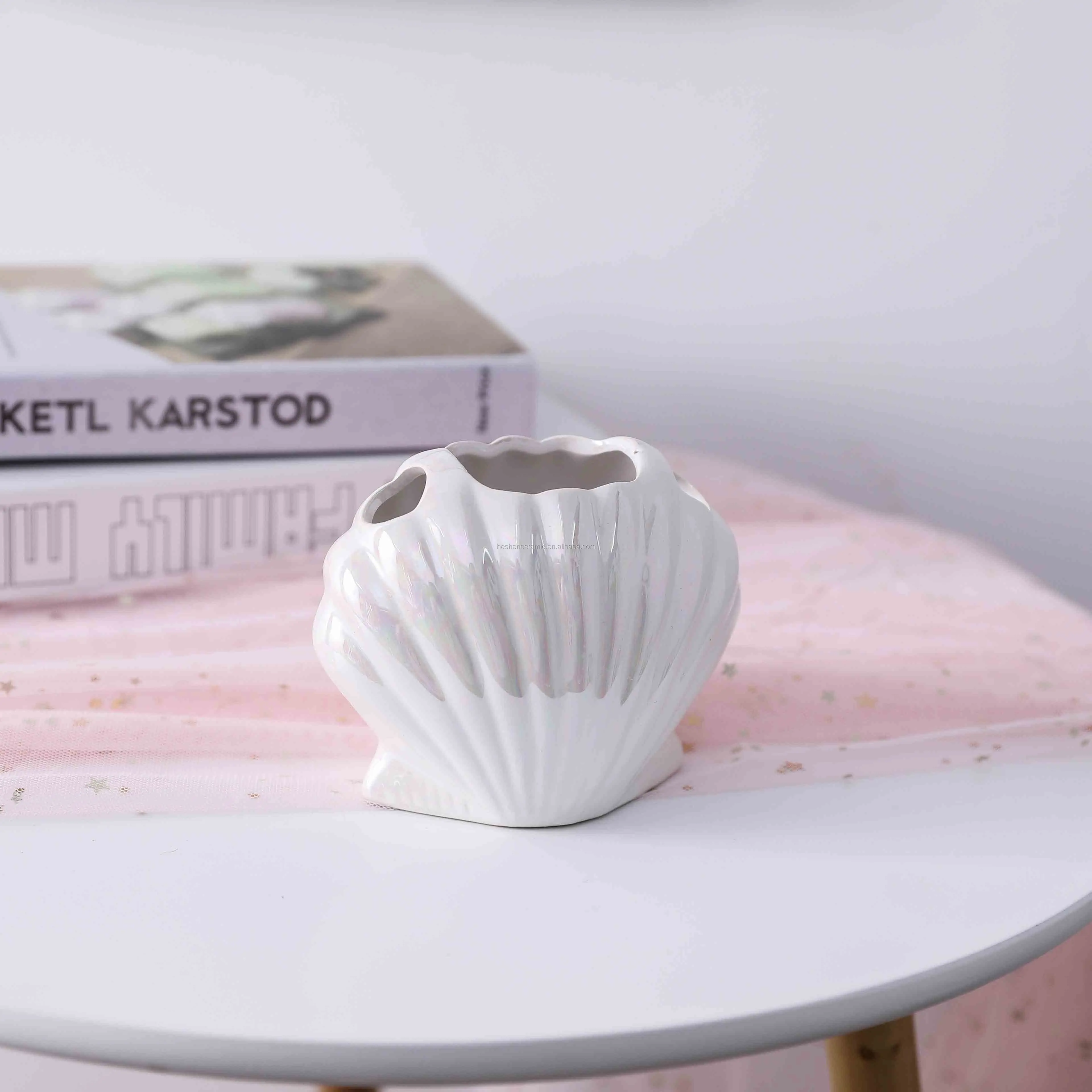 Colored handmade shell shaped small ceramic pencil holder for table decoration