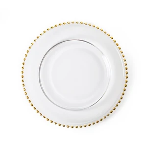 Image of HOSEN 28 Newest Gold Clear Glass Charger 12.6 Inch Dinner Plate With Beaded Rim ~