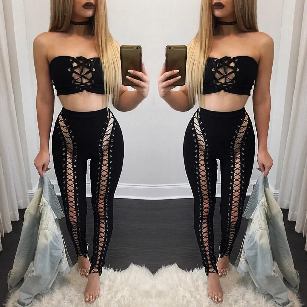 

B32414A 2021 Newest design women tight bandage pants hollow out skinny pants