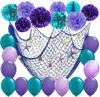 Under the Sea Party Tissue Paper Pom Pom Fish Net with Shells Decor Baby Shower Decorations Mermaid Party Decorations Set