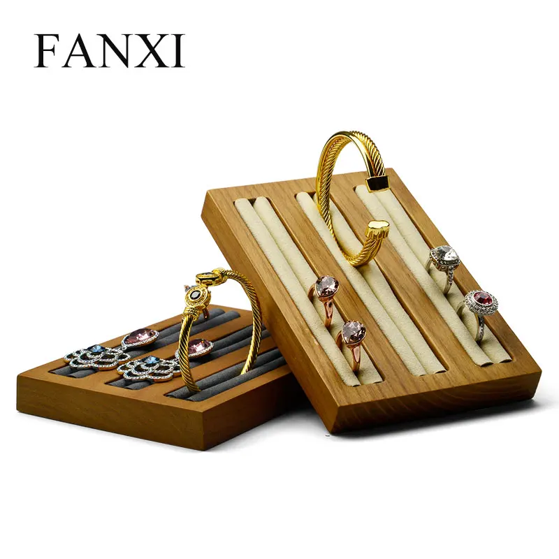 

FANXI Functional Countertop Organizer Solid Wood Tray Jewelry Rings Earring Holder Stand Wooden Ring Display, Wood base + beige / black top for wooden earring holder