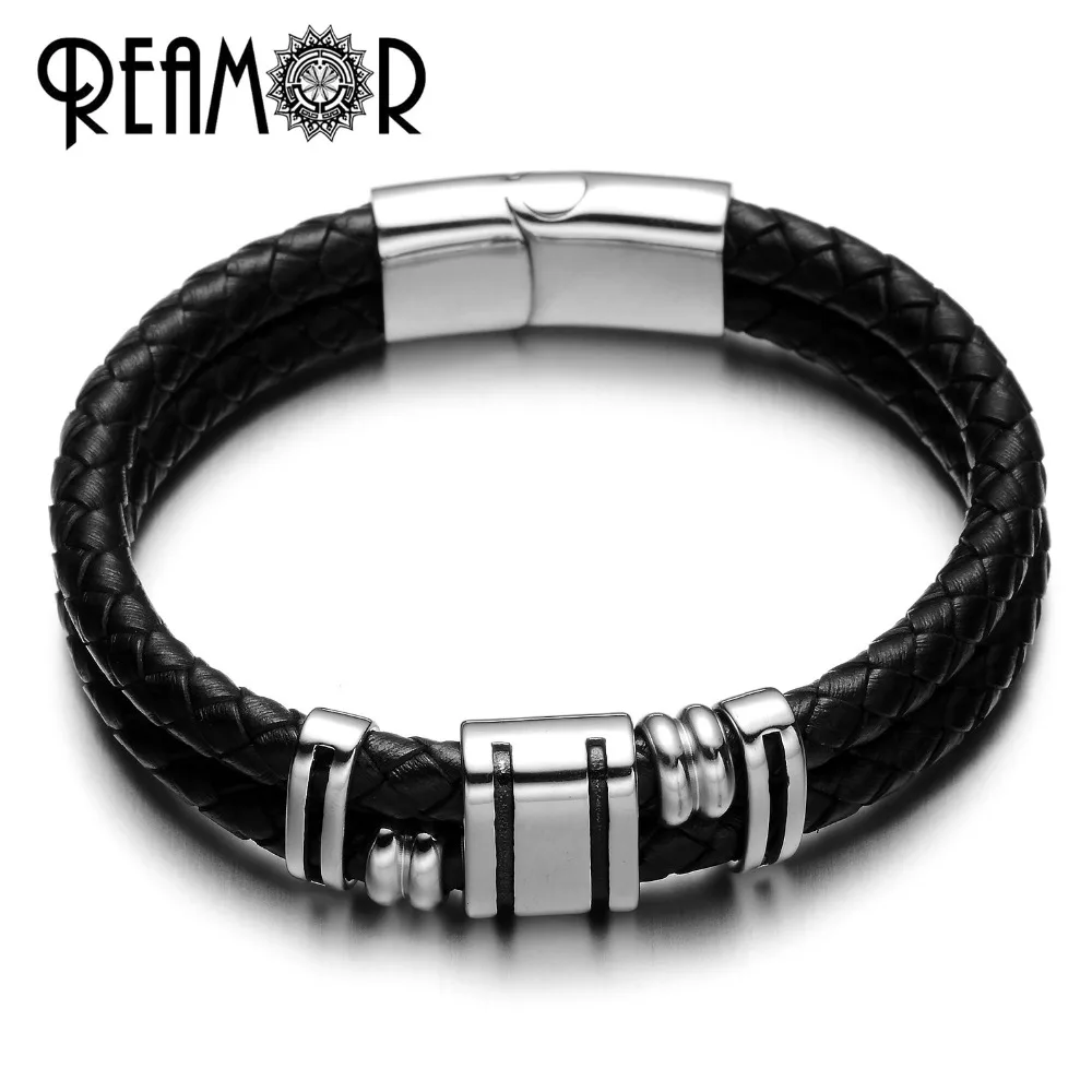 

REAMOR Double Layers Braided Leather Bracelet Male 316l Stainless steel Bead Man Bracelets Bangles With Magnet Clasp Jewelry