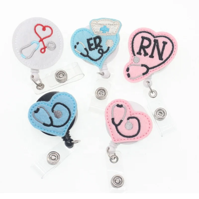 Mix 7 styles Felt knitting cute RN ER nurse Stethoscope medical Retractable nursing id badge holder reel, As picture