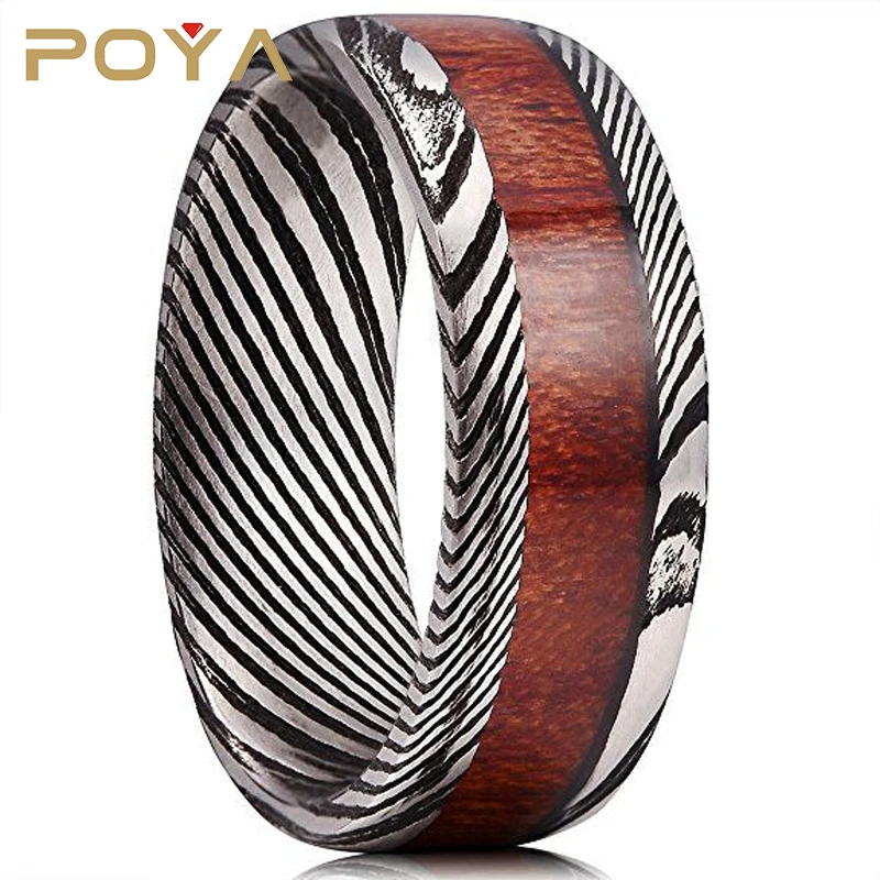 

POYA Jewelry 8mm Mens Damascus Steel Wedding Ring Ebony Wood Inlay Engagement Band