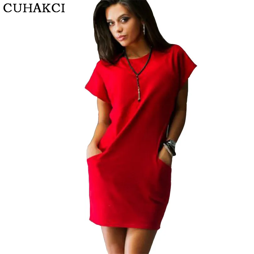 

CUHAKCI Fashion Casual Lady Dress Pocket Mini Red Purple Black Dresses Women Batwing Short Sleeve Solid Color Dress, Red,black,blue