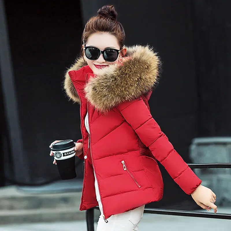 

New Winter Women Thicken Cotton Fur Collar Hooded Coat Down Short Parka Jacket2