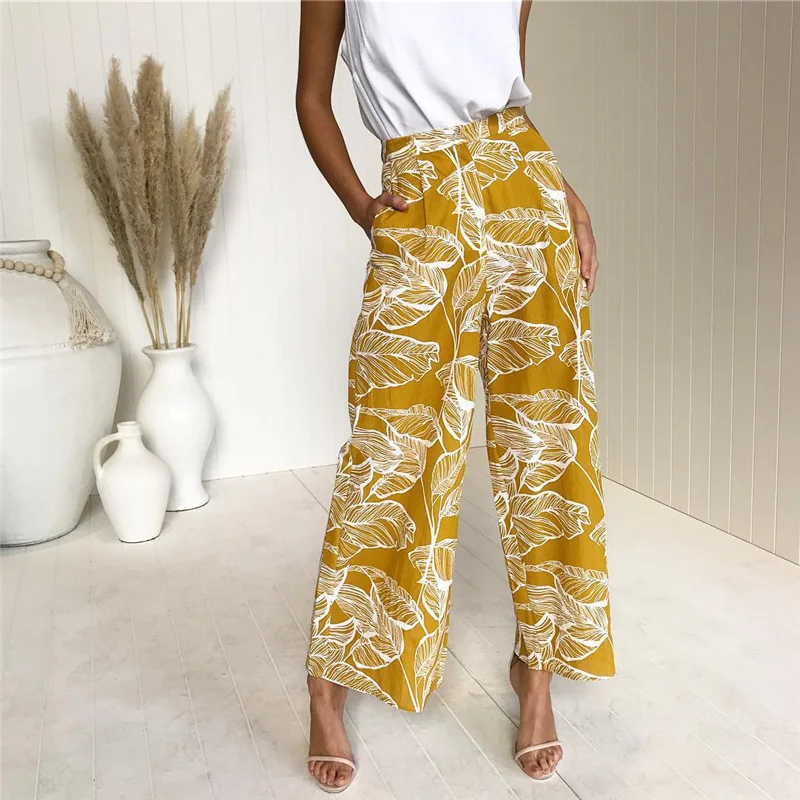 

Women Casual Floral Print High Waist Wide Leg Long Pants with Pockets S-XL
