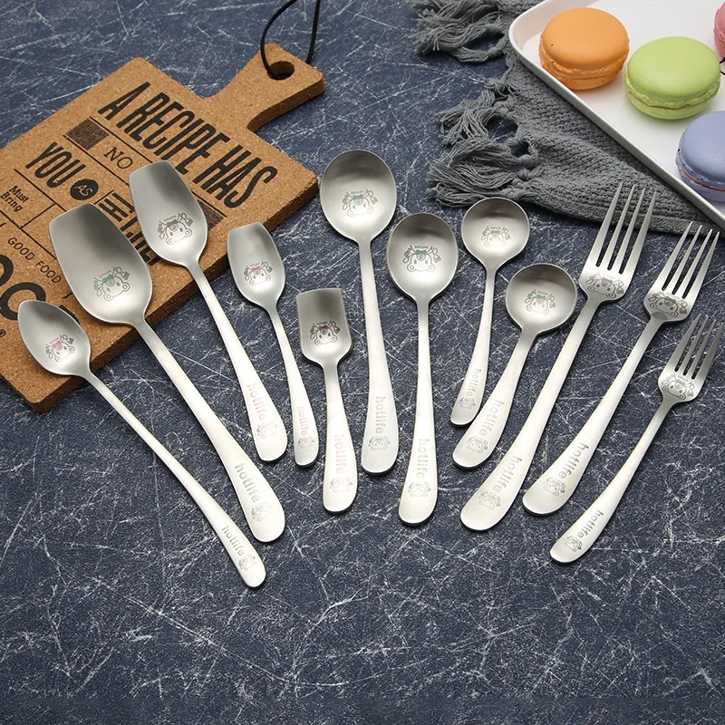 

18/10 stainless steel matte polish children cutlery spoon and fork set with logo, Silver