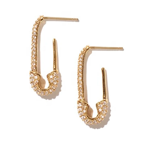

Safety pin white zirconia gold jewelry huggie hoop earrings