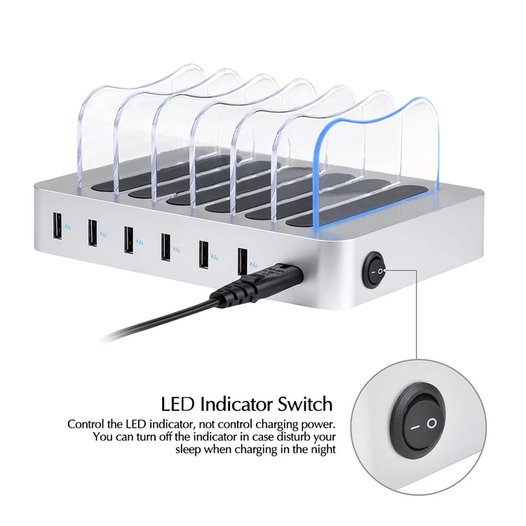 MIQI Super Fast 6 Ports USB Cell Phone Charging Station Multi-Device Desktop Charging Dock for Mobiles Tablets for Restaurant
