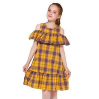 

Kseniya Kids Wholesale Korean Cotton Off Shoulder Girl Plaid Dress Children Girls Summer Dresses Free Shipping