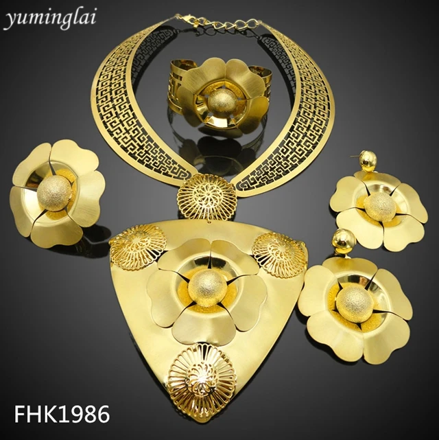 

2019 Unique Design Big 24K Gold Plated Jewelry Sets Luxury Bridal Jewelry Set FHK1986, Any color you want