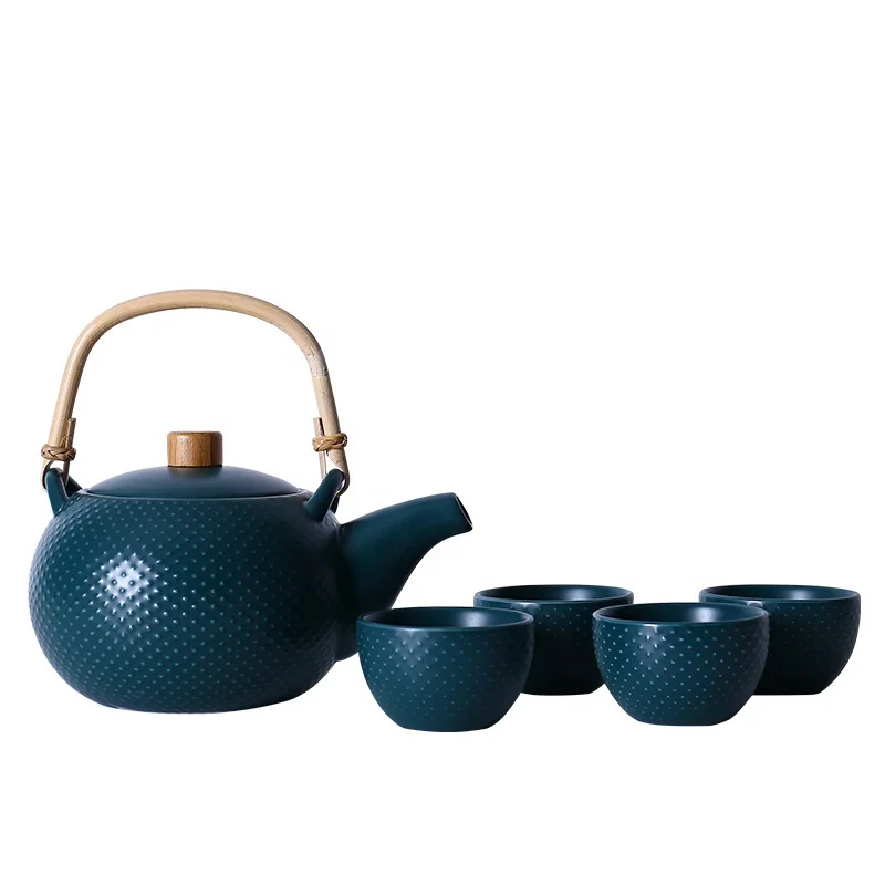 

Ceramic Teapot Set In Solid Color Including 1 teapot and 4 tea cups, Green and white
