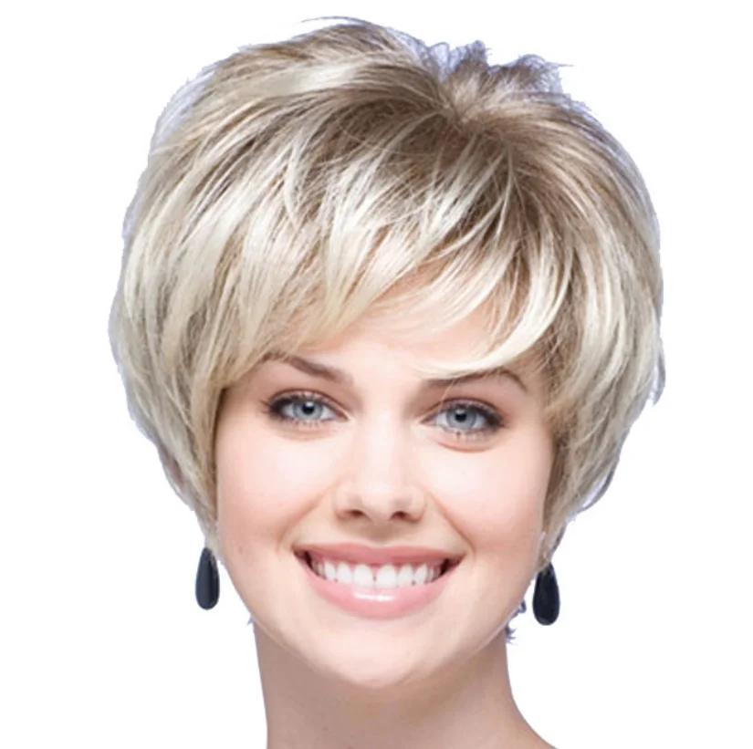 

lady woman short Wig Ladies short straight Fashion Full Head Set chemical fibre air bangs High temperature filament silver