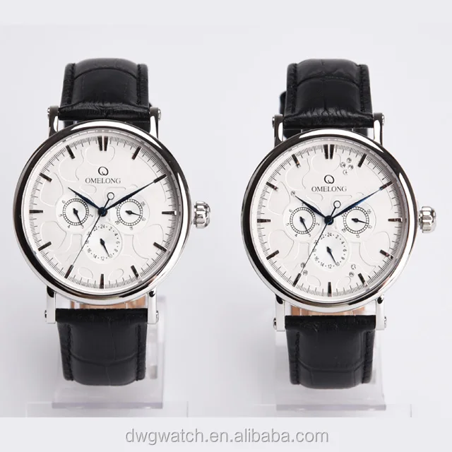 

Men sliver case quartz black leather strap watches