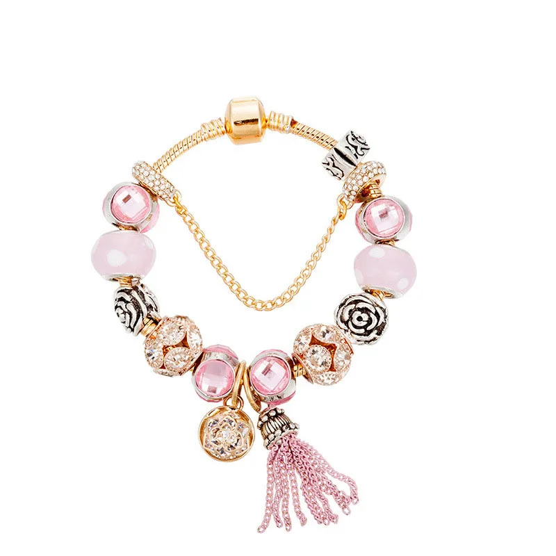 

European America 18-21cm Gold Safety Chain Bracelet Pink Glass Beads Rose Flower Charm Bracelet with Pink Tassel