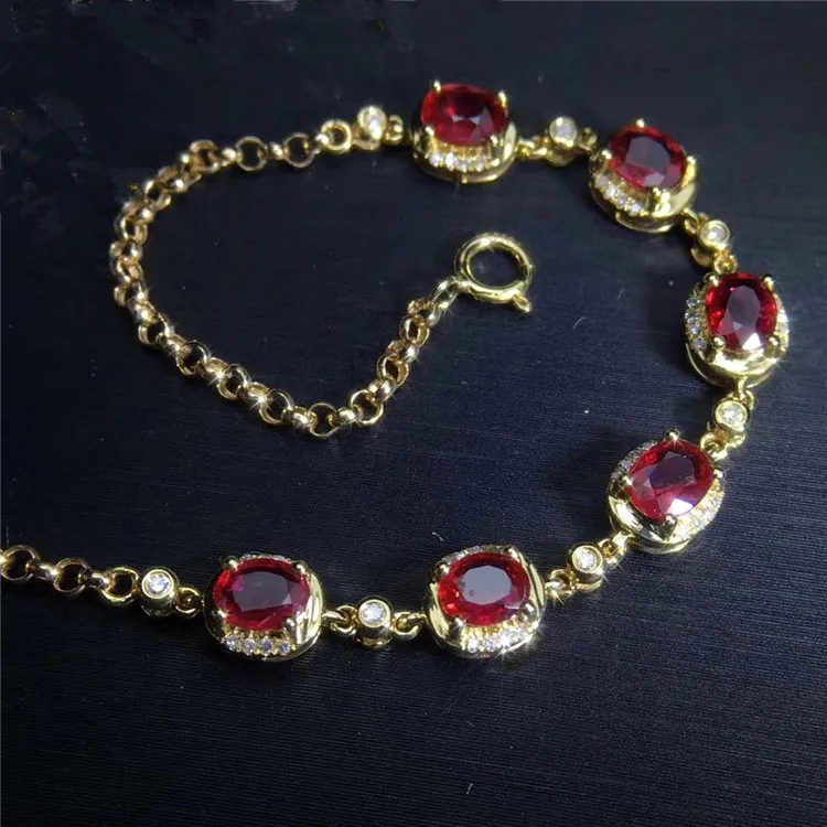 

18k gold South Africa real diamond 1.6ct natural red oval ruby beaded bracelet for women