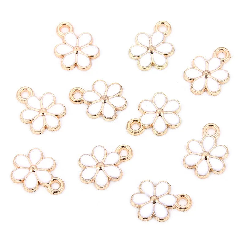 Wholesale Gold Tone Enamel White Flower Charms Pendant Oil Drop For Women DIY Jewelry Earrings Necklace Accessories