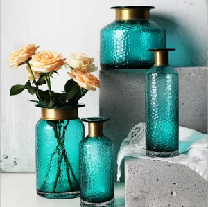 Image of Hammer Eye Grain Green Clear Color 1350 ml Glass Vase with Copper Neck