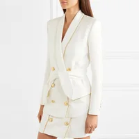 

lady double breasted collar v neck white satin belted stylish women casual robe office blazer dress suit mini skirt trench coat