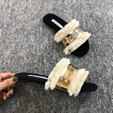 

Summer Women Slippers Fashion Metal Bling Slides Fur Fringe Flat Slides Ladies Shoes, Black,beige