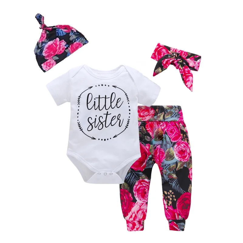 

Newest Newborn Baby Girls Clothing Sets Bodysuits Tops + Flower Pants + Headband + Hat 4Pcs Outfits Set Casual Clothes Sets, As picture