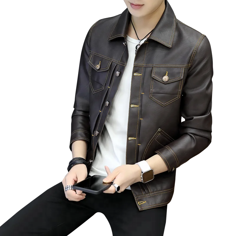 

In-Stock China Factory Gold Supplier Wholesale Men Motorcycle Pockets PU Leather Jacket, Brown;black