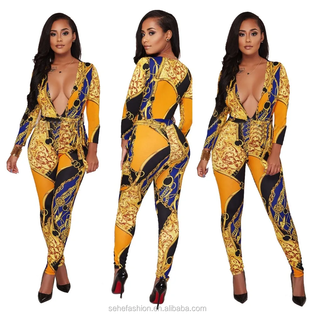 

1130-MR12 Art printed clothing Wholesale fashion deep v-neck high quality long jumpsuit for sexy women