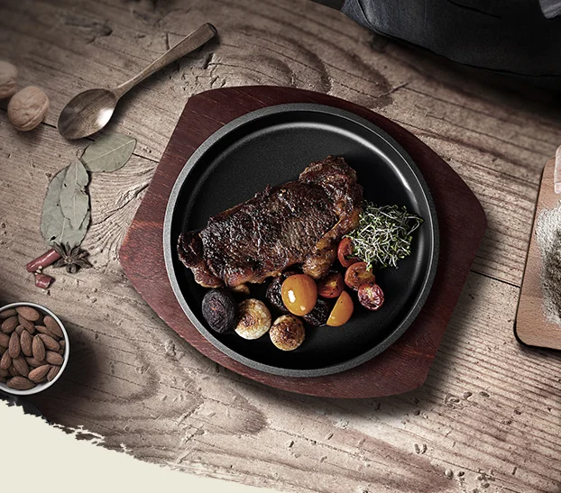 Hot Sale Cast Iron Round Sizzling Plate With Wooden Base Made In China
