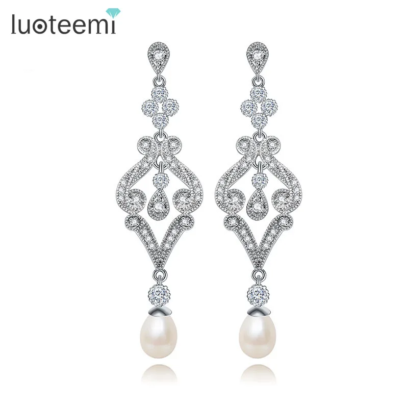 

LUOTEEMI Fashion Accessories Vintage Jewelry Micro Inlay A AA Cubic Zirconia Wedding Dangle Pearl Earrings