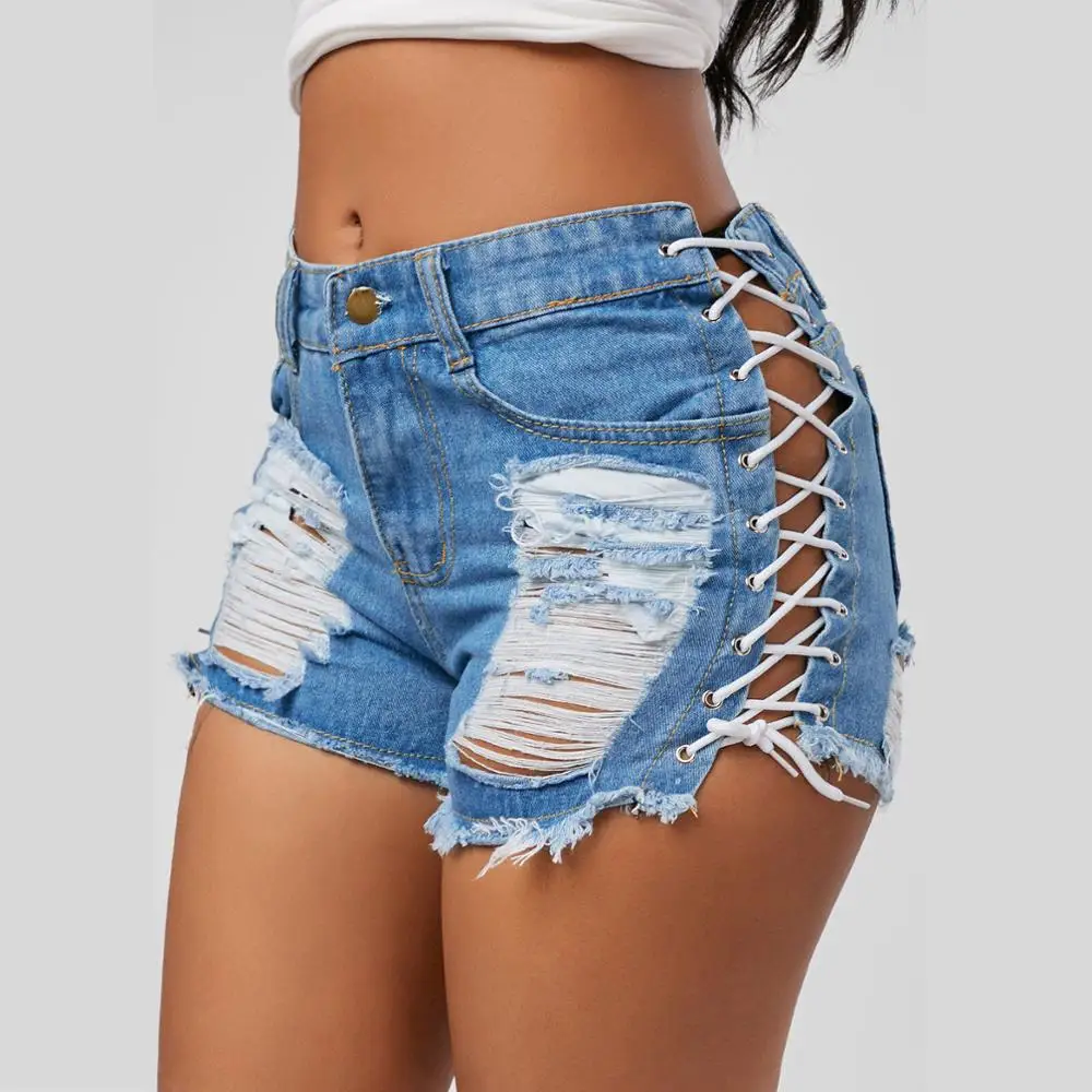 

Women Lace up Ripped Short Jeans Sexy Stretchy Destroyed Denim Shorts Mini Hot Pants, Customized colors