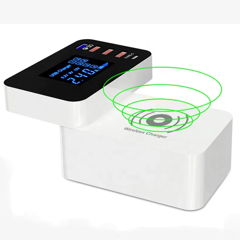 

2019 New Arrival Amazon Hot Sell Fast Wireless Charger 4 USB Port QC 3.0 With Type-C LED Screen Display Wireless USB Charger