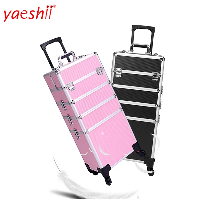 

Yaeshii Aluminium professional 4in1 beauty Hairdressing trolley Cosmetics Organizer makeup Vanity case with legs, Pink/black
