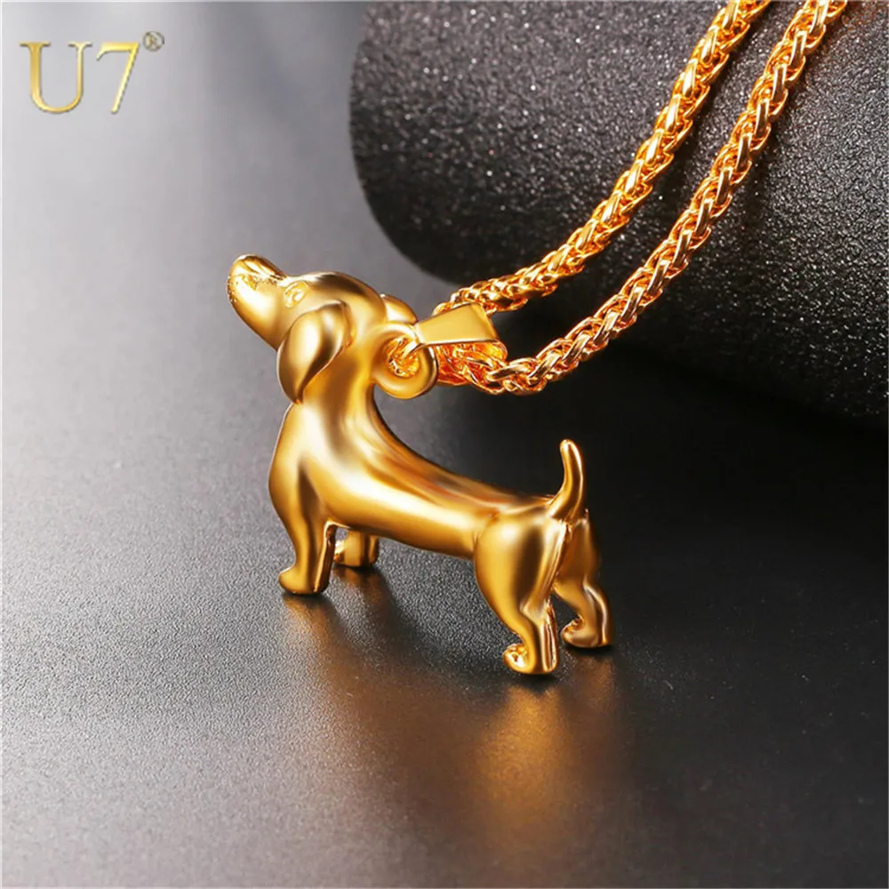 

U7 1PC free shipping 316L Stainless Steel /18K Gold Plated Pet Dachshund Sausage Dog Animal Necklace