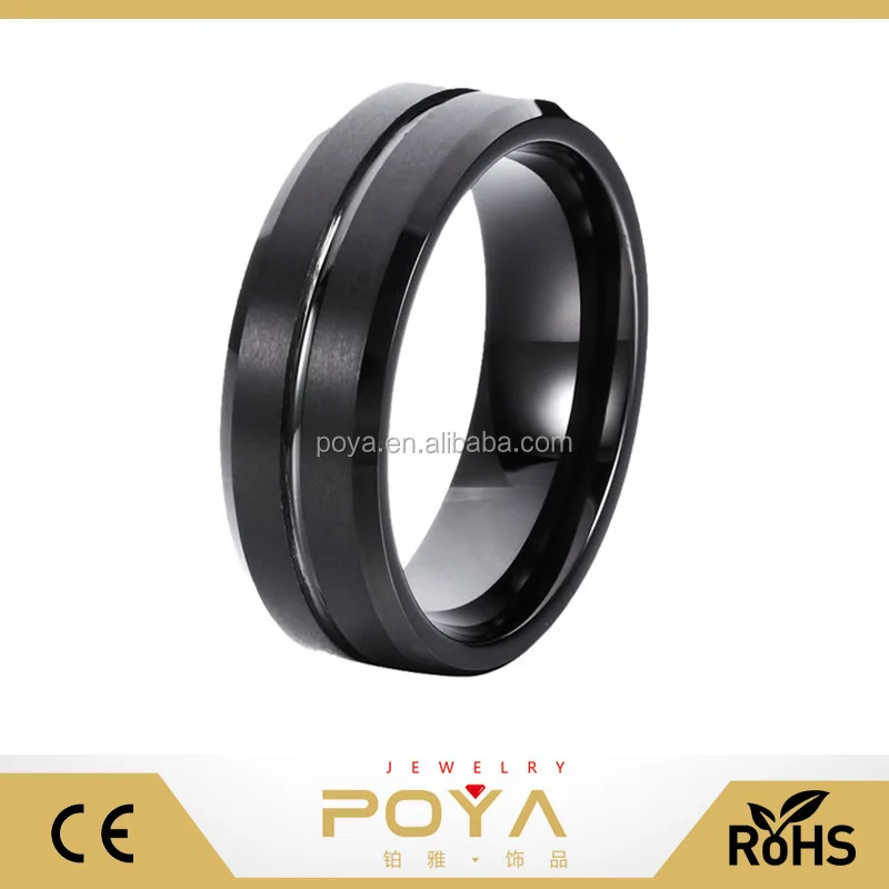 

POYA Jewelry 8mm Tungsten Carbide Ring Silver Line Black Brushed Beveled Wedding Band Ring