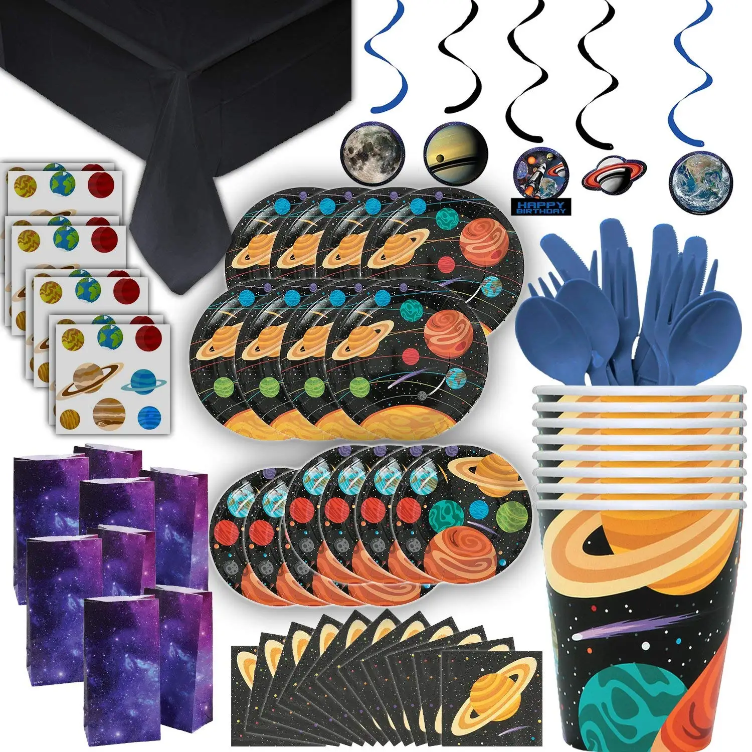 Outer Space Theme Party Supplies - 16 Guest -2 Size Plates, Cups, Napkins, Hanging Swirls, Tattoos, Loot Bags, Tablecloth, Cutlery -Full Solar System Birthday Decoration + Paper Tableware + Favors Set