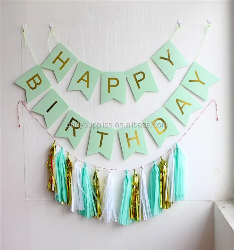 Pink Coral Gold Foiled Happy Birthday Bunting Banner Tissue Paper