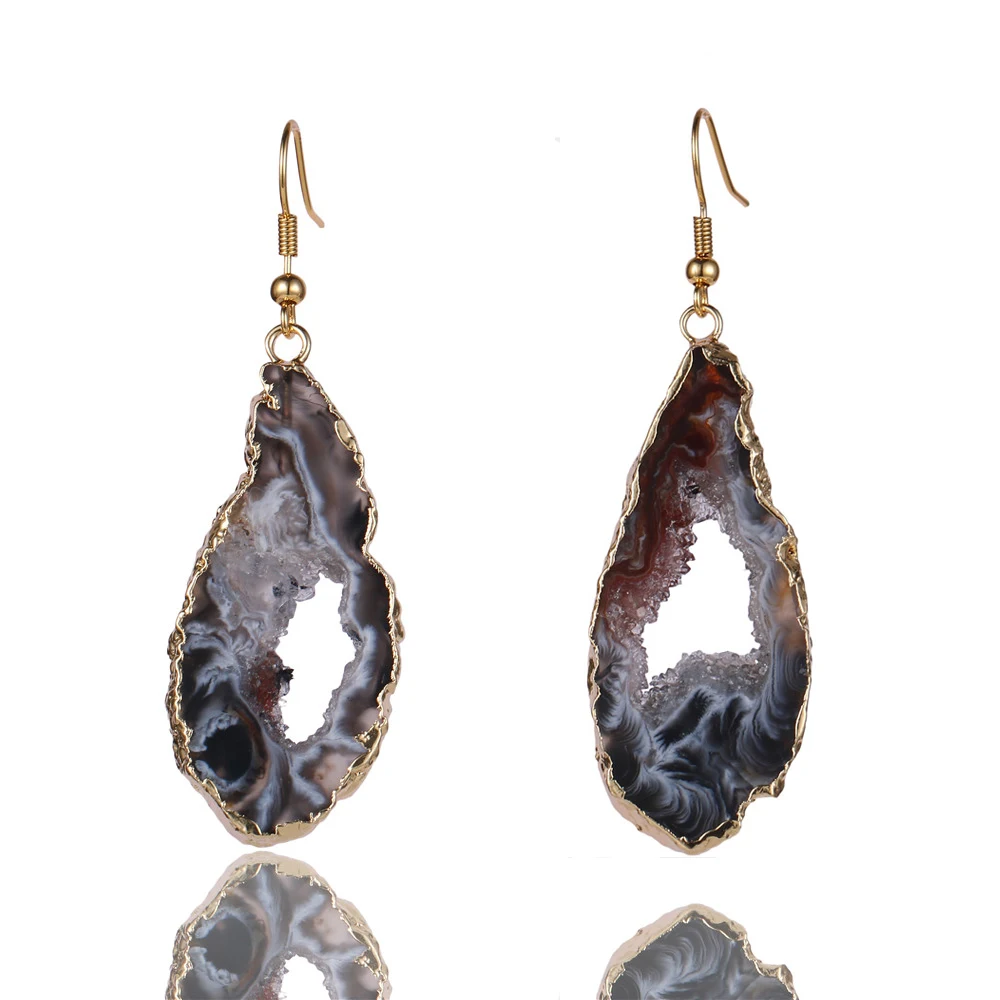Fashion Gold Plated Irregular Natural Crystal Quartz Stone Black Brazil Agate Geode Drop Earrings Jewelry for Women men Jewelry