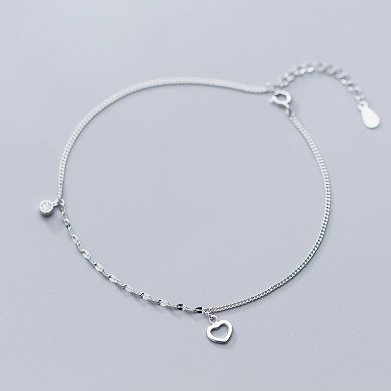 

925 Sterling Silver Hollow Heart Shape Zircon Charm Anklets Women Body Jewelry