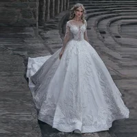 

Custom Made Wedding Dress Sexy Scoop Long Sleeve ace Appliques illusion Lall Gown Ivory Bridal Gowns