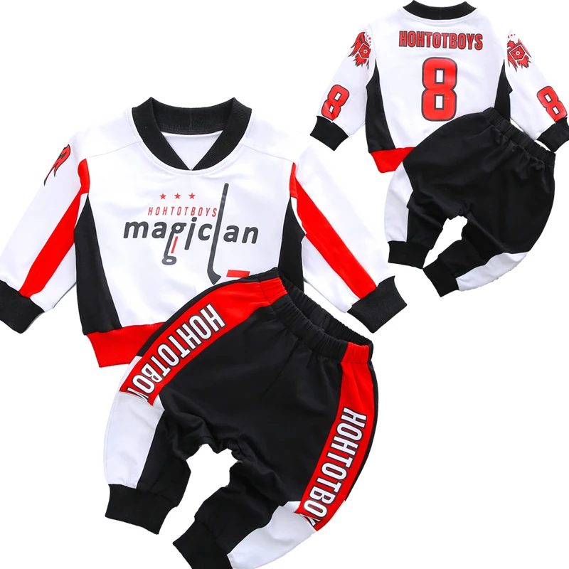 Hip hop 2pcs toddler boys cotton clothing set white outfits coat and long pants sports autumn clothing set